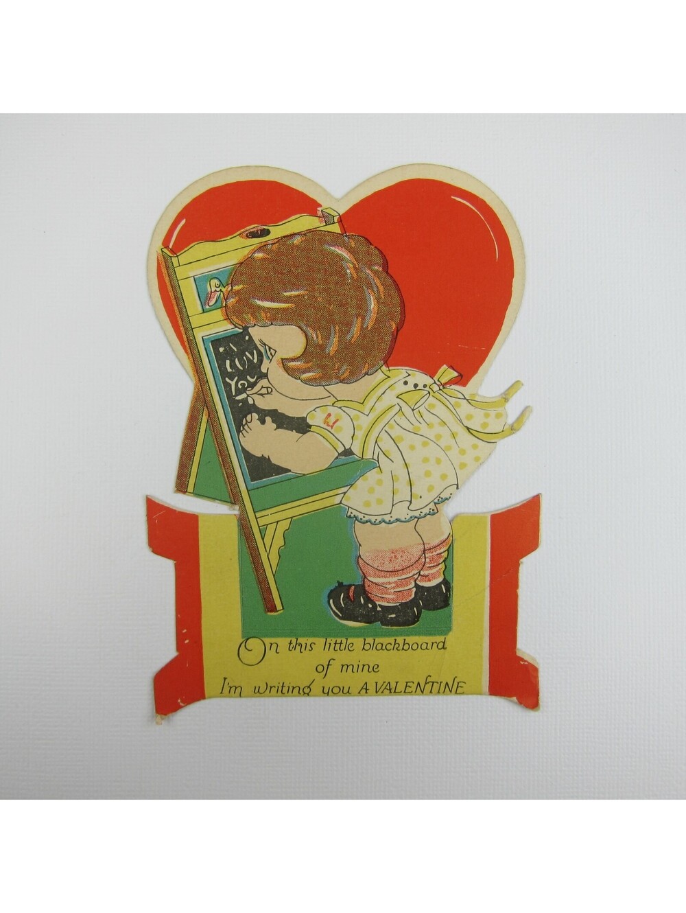 Vintage Valentine Die cut Girl Yellow Dress Writing on Blackboard Chalkboard